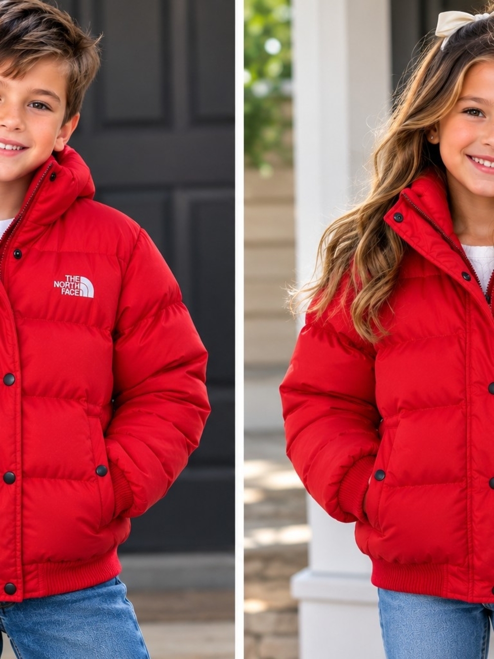 The North Face red puffer jacket in Youth/Kids Size Large (L).